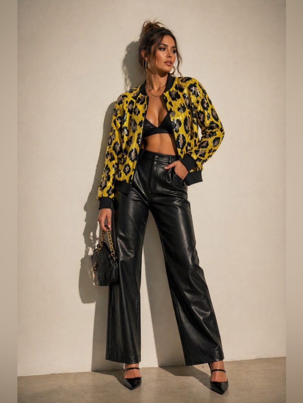 ASOS Revive Yellow Leopard Sequin Bomber Jacket NWT  Glam Party Jacket Size US 2